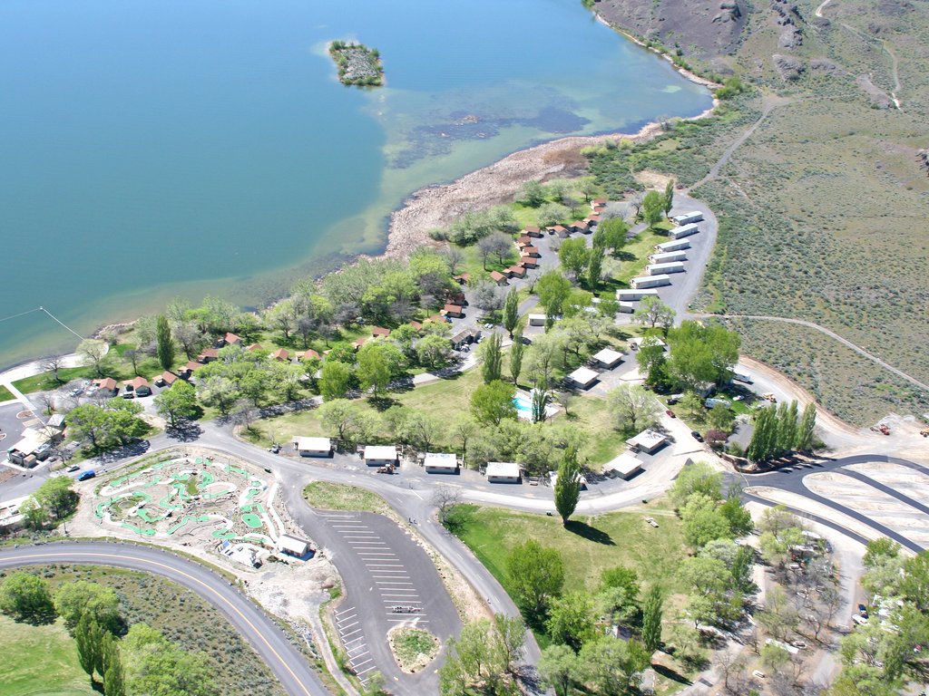 Aerial view of cabins and mini golf